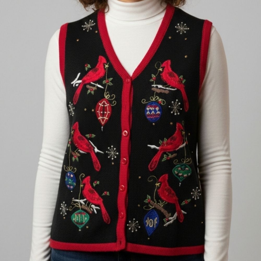 Vintage Cardinal & Christmas Ornament Embroidered Sweater Vest - Women's XL